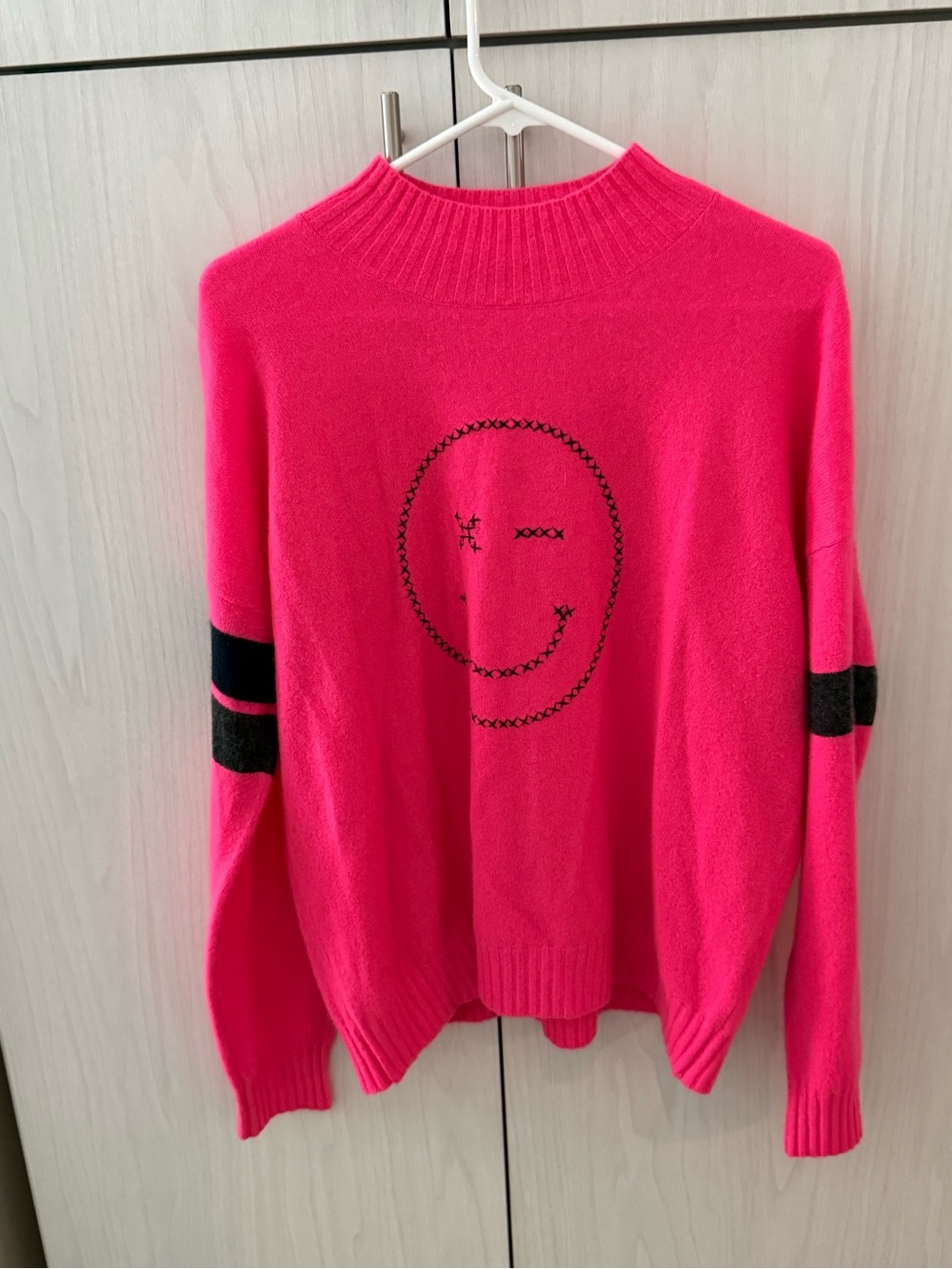 Brodie Cashmere Hot Pink Crewneck Sweater with Black Smiley Detail